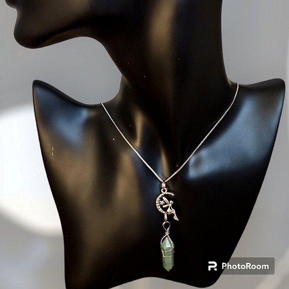 VTG Silver Plated Gothic Fairy Tinkerbell Aventurine Crystal Sautoir Necklace - Picture 1 of 6